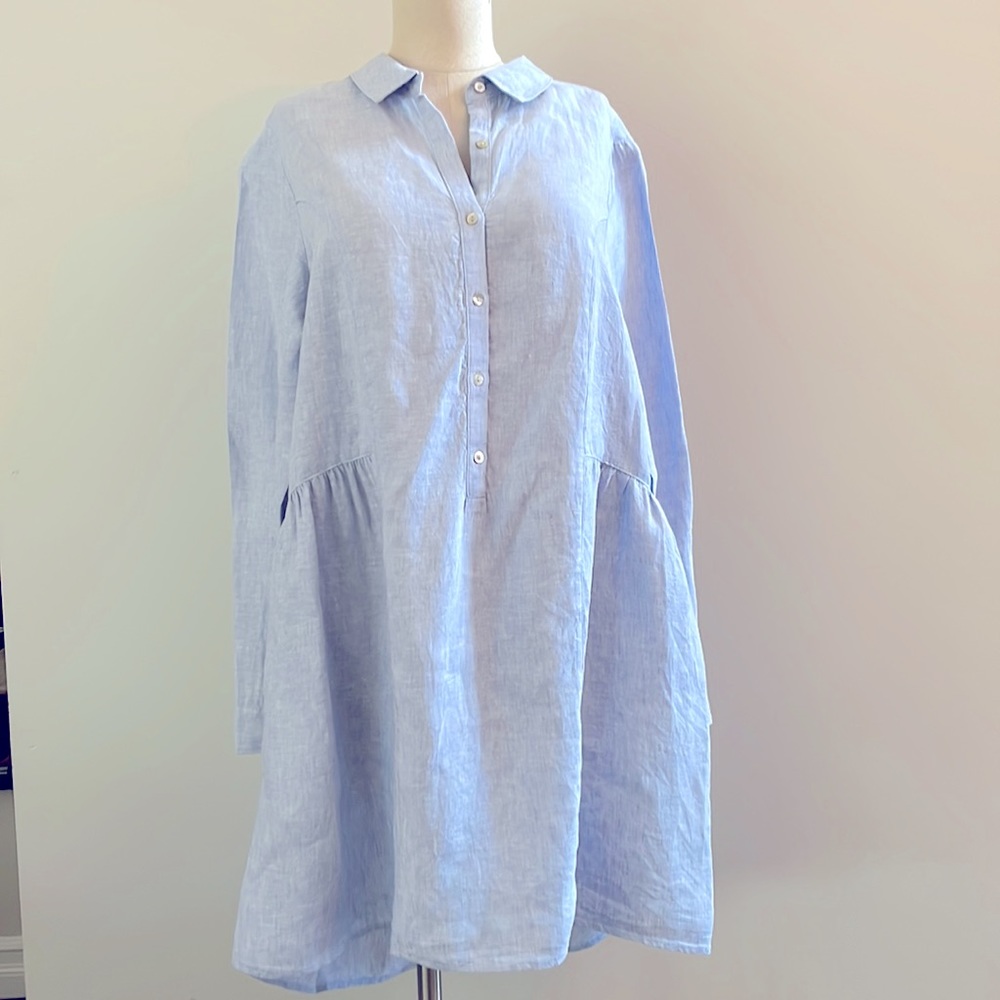 Halston Linen Dress Blue with Pockets Size Large Long sleeve